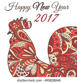 Cock. Ornament in red tones. Symbol 2017. Red Rooster 2017. Oriental pattern