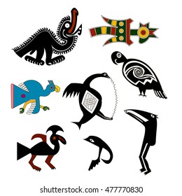 Cock, Parrot, Vulture, A Hummingbird, A Goose - A Set Of Images Of Birds. Ethnic Pattern In The Style Of Native Americans: The Aztecs, The Incas, The Mayans. Mexican Pattern. Vector Illustration.