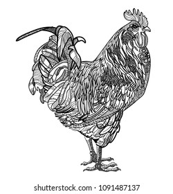 Cock. Pets. Spotted bird. Ethnic pattern. Meditative coloring. Mandala, dudling drawing. Drawing from the hand. Points, stripes, arrows, flowers.