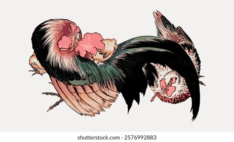 Hokusai’s cock and pink flowers, illustration isolated on white, vector. Vintage famous artwork by Hokusai, old Japanese art illustration vector.