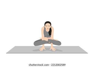 Cock Pose, Rooster Pose. Beautiful girl practice Kukkutasana. Young attractive woman practicing yoga exercise. working out, black wearing sportswear, grey pants and top, indoor full length, calmness