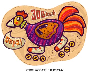 Cock riding on the rollers and looking back and up to his speed. Rooster surprised and a little scared.