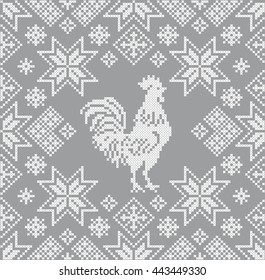 Cock. Rooster. Christmas design. Cross stitch. Embroidery. Knitted ornament. Vector seamless pattern.