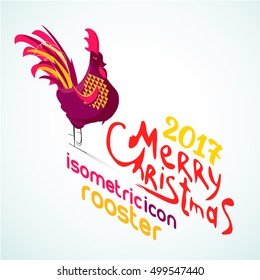 Cock (rooster) icon, vector symbol in isometric style. Merry christmas. 2017