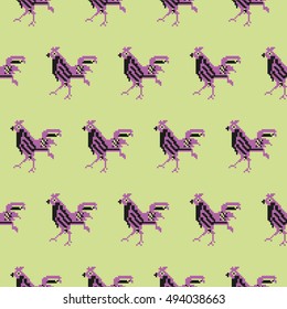 Cock seamless stitching pattern in desaturated colors. Seamless pixel art pattern. Vector illustration