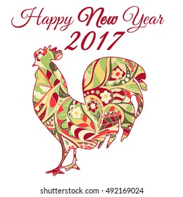 Cock. Symbol 2017. Red Rooster. Oriental pattern. Ornament in red tones. Chinese New Year 2017