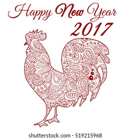 Cock. Symbol 2017. Red Rooster 2017. Oriental pattern. Ornament red and white colors