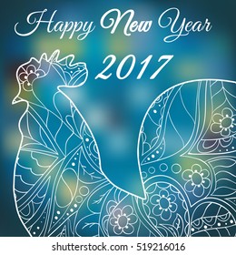 Cock. Symbol 2017. Red Rooster. Oriental pattern. Chinese New Year 2017. Christmas. Ornament  on a blue background. Christmas lights