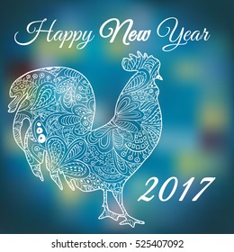 Cock. Symbol 2017. Red Rooster. Oriental pattern. Ornament on a blue background. Christmas lights