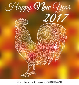 Cock. Symbol 2017. Red Rooster 2017. Oriental pattern. Ornament on a red background. Christmas lights