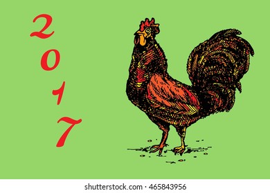 Cock symbol of 2017 year. Hand drawn vector stock illustration.