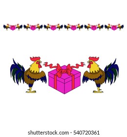  cock symbol with gift box, vector illustration in cartoon style