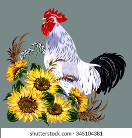 cock in a thicket of flowers