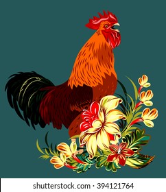 cock in a thicket of flowers