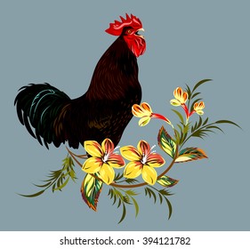cock in a thicket of flowers