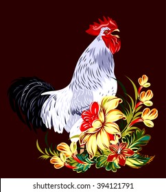 cock in a thicket of flowers