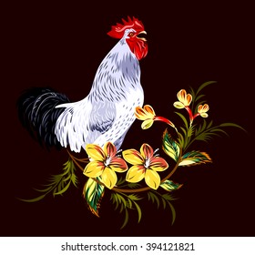 cock in a thicket of flowers