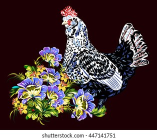 cock in a thicket of flowers