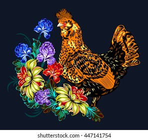 cock in a thicket of flowers