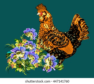 cock in a thicket of flowers