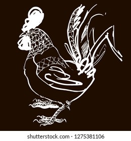 Cock. Vector drawing, rooster linear illustration, Black  background
