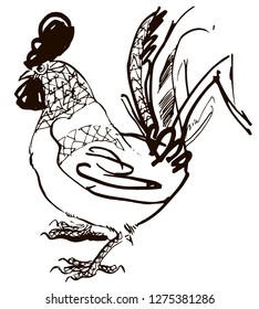Cock. Vector drawing, rooster linear illustration, White background