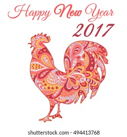 Cock. Vector silhouette. Symbol 2017. Red Rooster. Oriental pattern. Ornament in red tones. Chinese New Year 2017