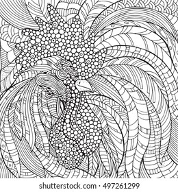 Cock in zentangle style. Coloring book page for adult.