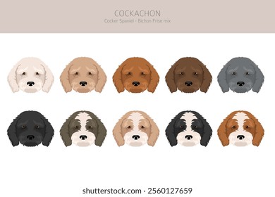 Cockachon clipart. Cocker Spaniel Bichon Frise mix. Different coat colors set.  Vector illustration