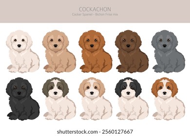 Cockachon clipart. Cocker Spaniel Bichon Frise mix. Different coat colors set.  Vector illustration