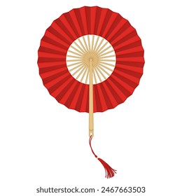 Cockade hand fan of red paper realistic vector illustration. Asian lady air blowing accessory for. Oriental tradition 3d object on white