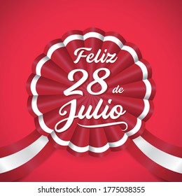 Cockade, Nachricht, dass " Feliz 28 de julio" Unabhängigkeitstag Peru, Vektorgrafik.