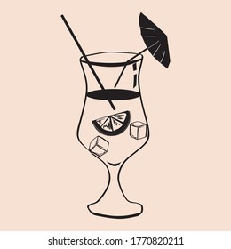 Cockail Blue Havaiian tropical summer alcoholic drink beverage. Vector icon isolated doodle linear style illustration