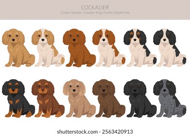 Cockalier clipart. Cocker Spaniel Cavalier King Charles Spaniel mix. Different coat colors set.  Vector illustration