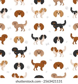 Cockalier seamless pattern. Cocker Spaniel Cavalier King Charles Spaniel mix. Different coat colors set.  Vector illustration