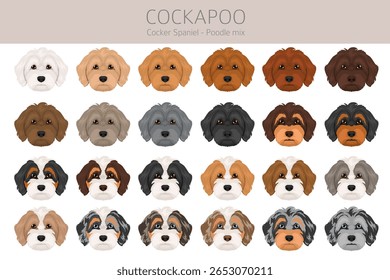 Cockapoo mix breed clipart. Cocker spaniel Poodle mix. All possible coat colors set. Vector illustration