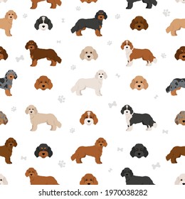 Cockapoo mix breed seamless pattern. Different poses, coat colors set.  Vector illustration