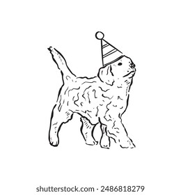 A cockapoo puppy wearing a party hat and strolling to the right. A line drawn hand drawn illustration vectorised for a variety of uses. 