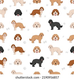Cockapoo seamless pattern. Different poses, coat colors set.  Vector illustration