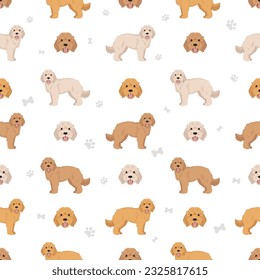 Cockapoo seamless pattern. Different poses, coat colors set.  Vector illustration