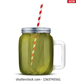 Cockatail of Pickled cucumbers in glass jar with straw. Pickle Juice Trend Drink. Sports nutrition and healthy supplements. Vector Illustration isolated on white background.