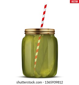 Cockatail of Pickled cucumbers in glass jar with straw. Pickle Juice Trend Drink. Sports nutrition and healthy supplements. Vector Illustration isolated on white background.