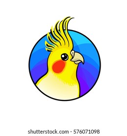 Cockatiel bird badge. Animal art, cute cartoon style, vector hand drawn illustration. Suitable for pet shop or zoo ads, label design or animal food package element