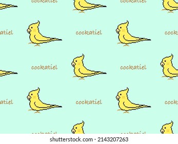 Cockatiel cartoon character seamless pattern on green background.Pixel style