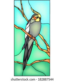 Cockatiel parrot, vector illustration in stained glass window