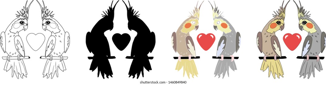 Cockatiel parrots with heart icon set. Vector illustration in colors, silhouette and linear style isolated on white background. Perfect for logo design, cutting projects, scrapbooking, decals, prints.