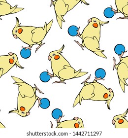 Cockatiels with ball seamless pattern in yellow, blue colors. Trendy vector illustration for fashion fabric, paper, wrapping, packaging, wallpaper, poster, cover, interior decor, all over print. 