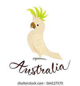 Cockatoo alba bird. Parrot character. Vector travel card. Travel to Australia. Symbol of Australia. Australia calligraphy. Australian birds. 