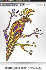 Cockatoo. Animal patterns with hand-drawn doodle waves and lines. Vector illustration in bright colors.