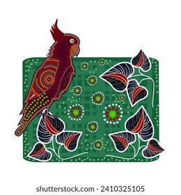 Cockatoo in australian aboriginal style. Parrot and leaves in Australia indigenous aboriginal dots painting art style. Decorative ethnic kakadu. Aboriginal tribal art craft. Stock vector illustration